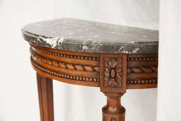19th Century French Louis XVI Style Carved Walnut Marble Top Demi-lune Console 4