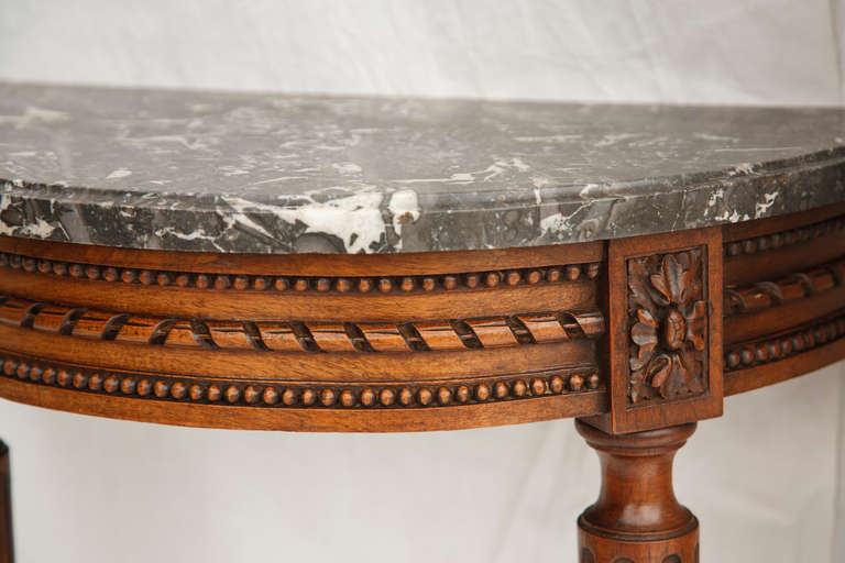 19th Century French Louis XVI Style Carved Walnut Marble Top Demi-lune Console 5