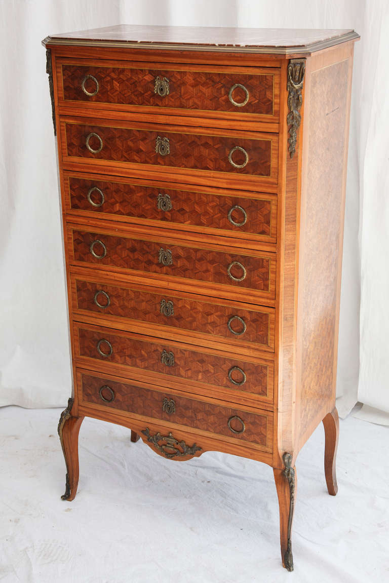 French Marquetry Marble-Top Semainier Chest or Dresser In Excellent Condition In Fayetteville, AR