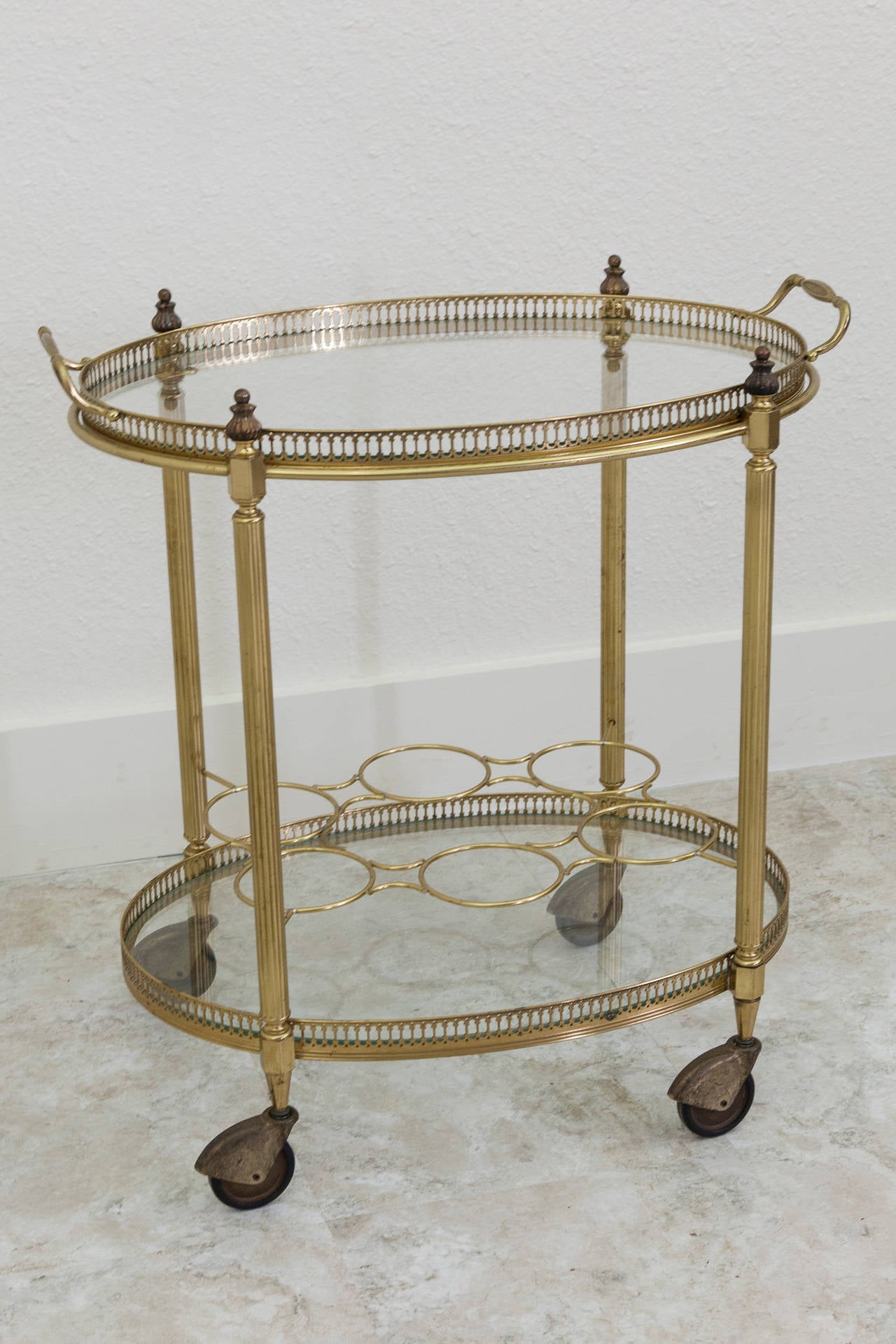 French Oval Polished Brass Bar Cart 2