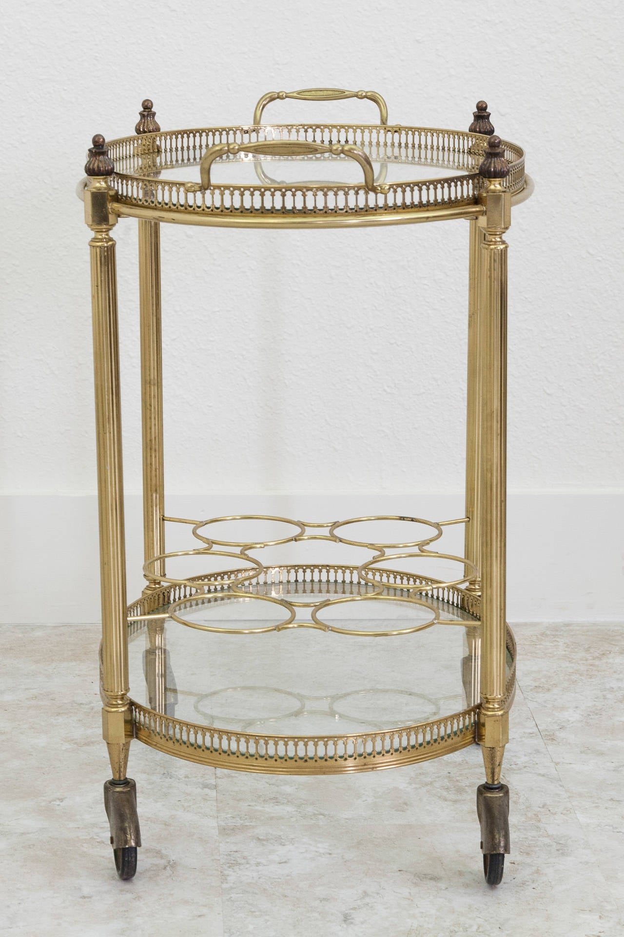 French Oval Polished Brass Bar Cart 1