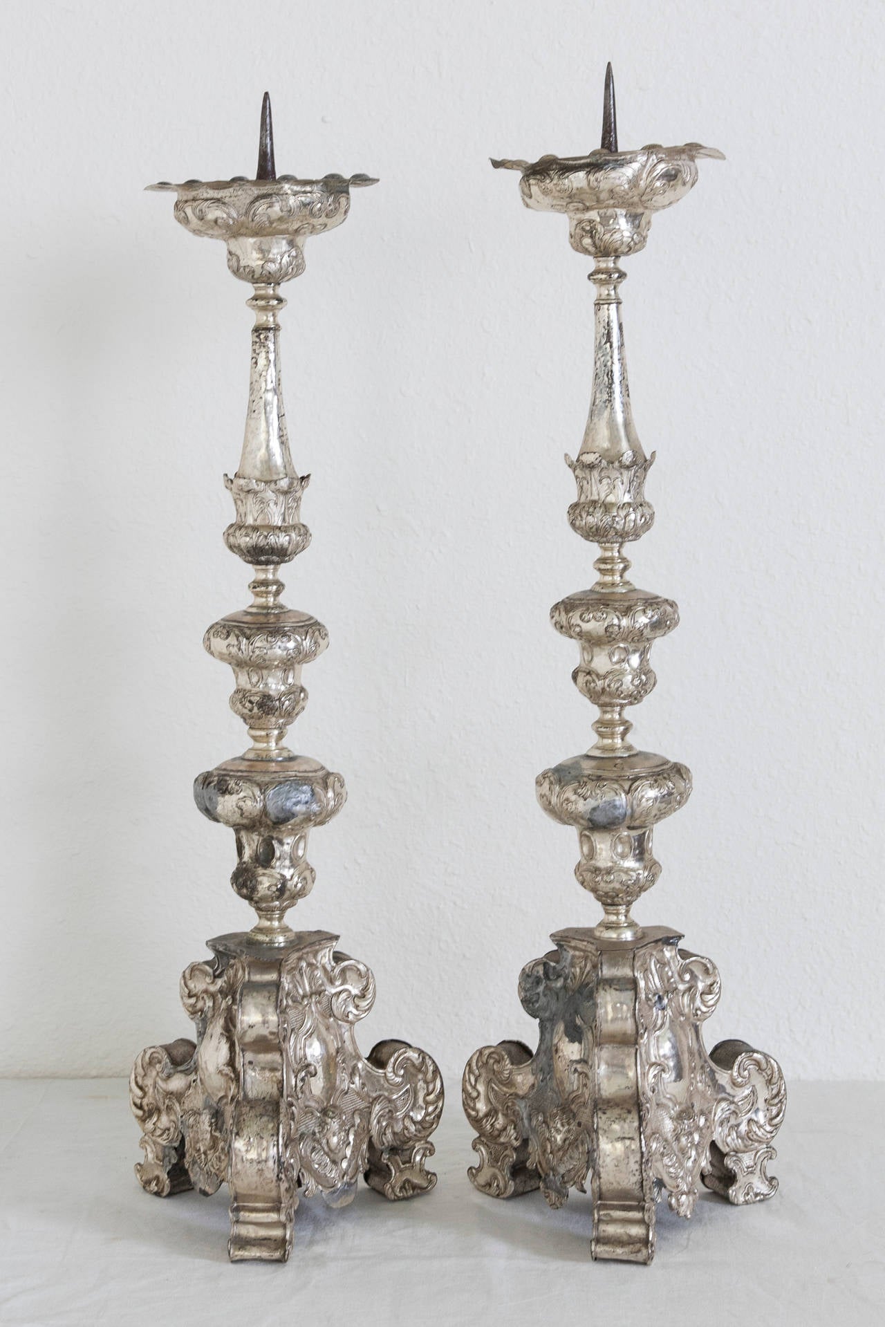 Early 18th Century French Silvered Copper Repoussé Prickets or Candlesticks
