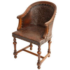 Antique Walnut Henri II  Hand Tooled Cordovan Leather Bergere