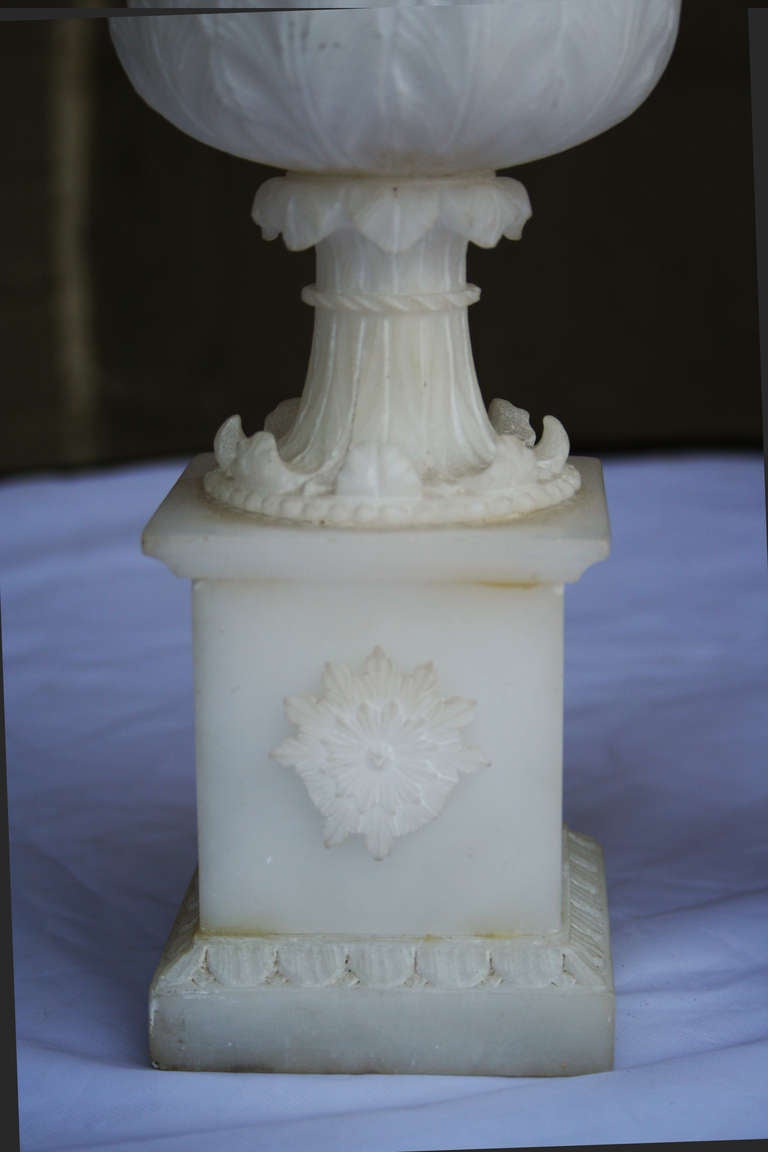 Pair of 19th Century Carrera Marble Urns in Acanthus Motif In Excellent Condition In Fayetteville, AR