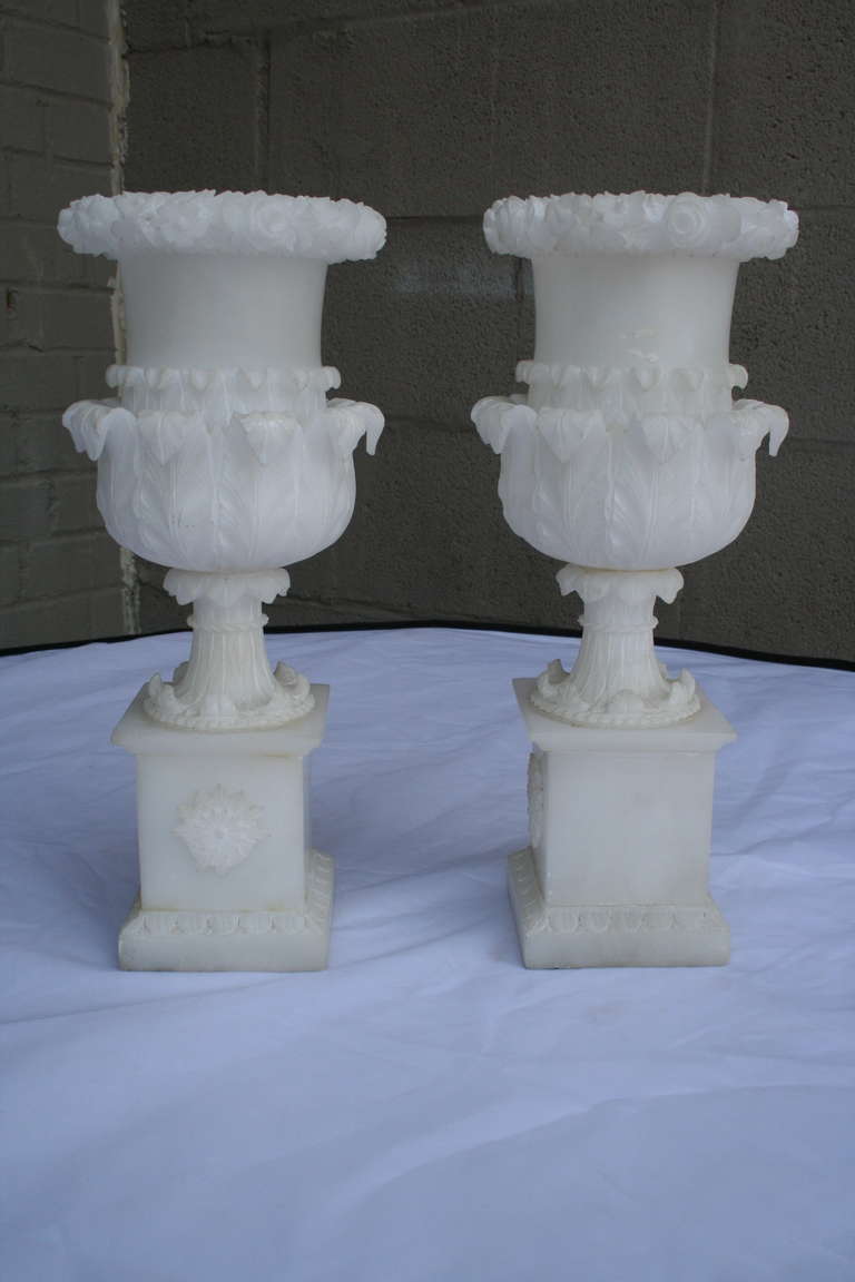 Pair of 19th Century Carrera Marble Urns in Acanthus Motif 1