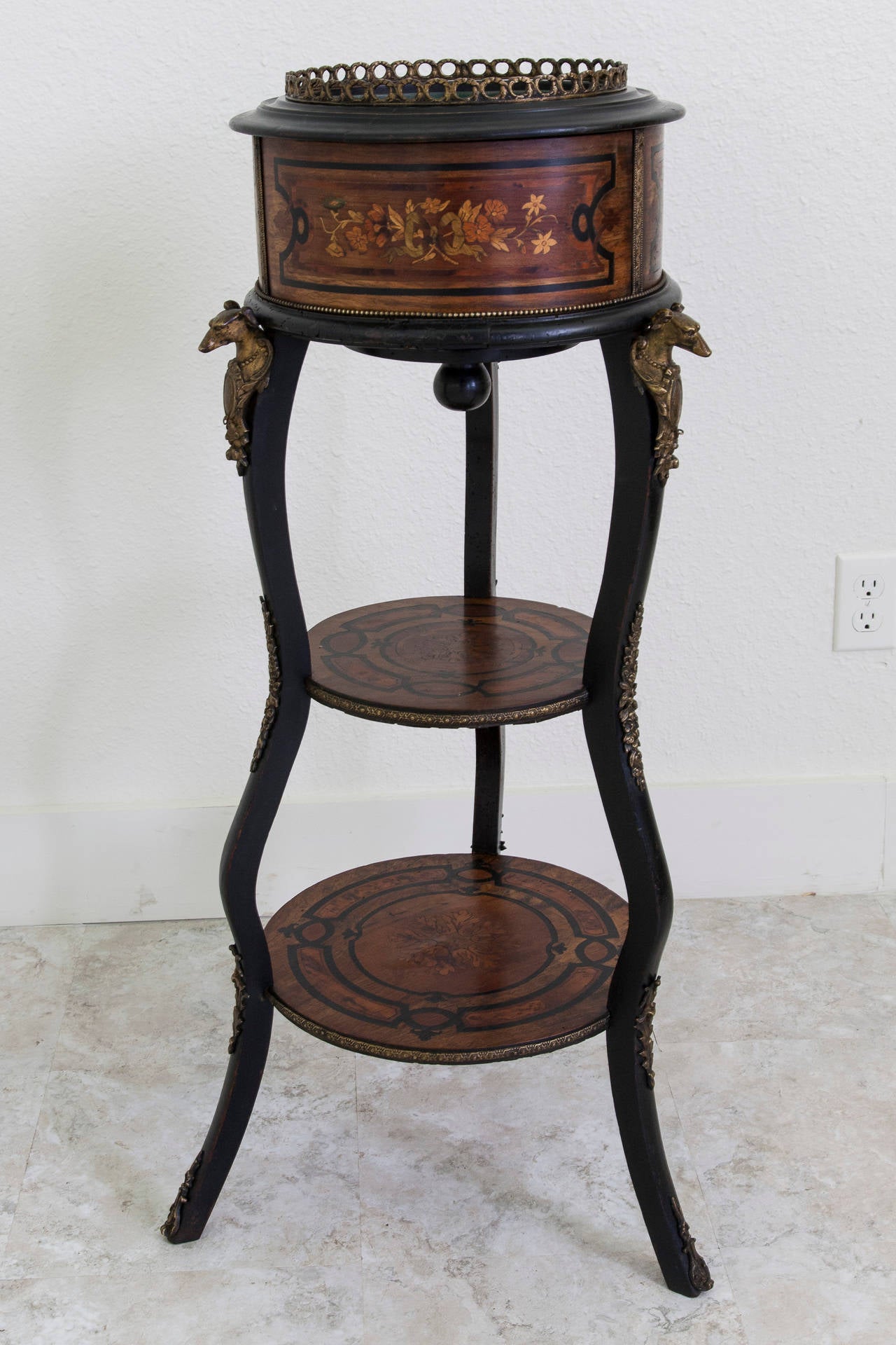 Napoleon III Marquetry and Ebonized Plant Stand with Bronze Greyhounds 5