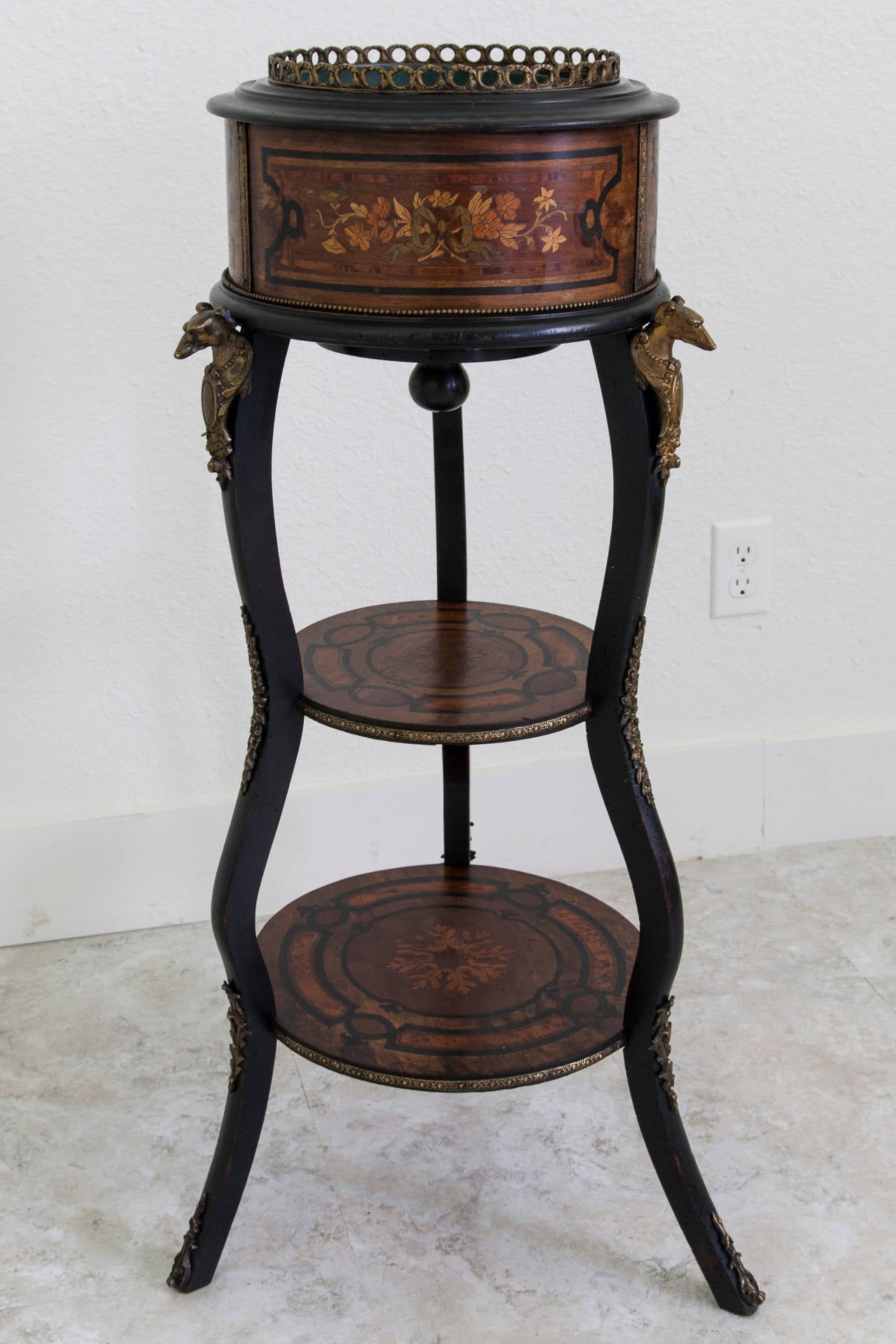Napoleon III Marquetry and Ebonized Plant Stand with Bronze Greyhounds 4