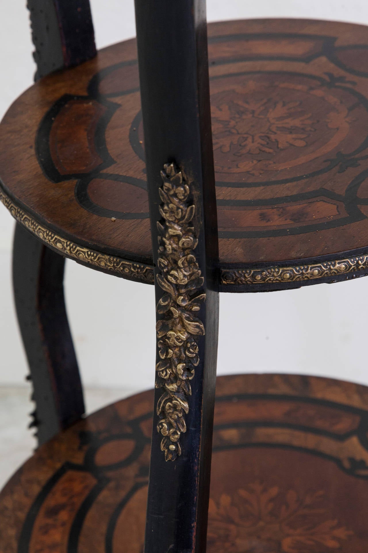 French Napoleon III Marquetry and Ebonized Plant Stand with Bronze Greyhounds