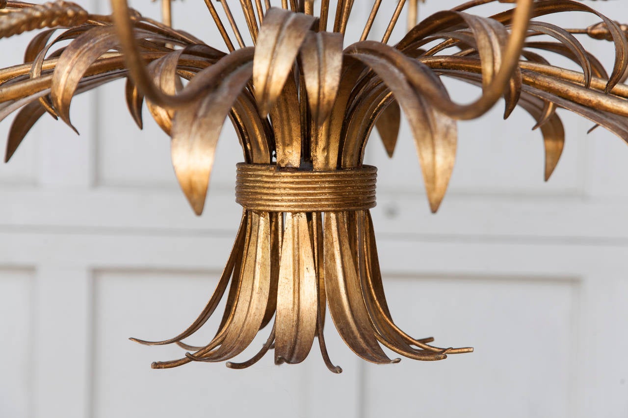 Grand Ten-Arm Mid-Century French Gilt Tole Sheaves of Wheat Chandelier 4