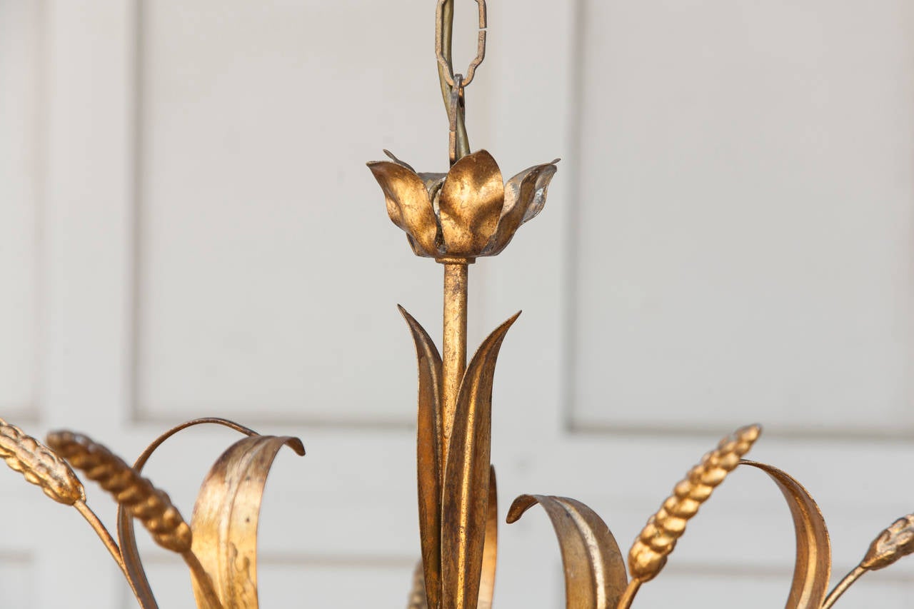 Grand Ten-Arm Mid-Century French Gilt Tole Sheaves of Wheat Chandelier In Excellent Condition In Fayetteville, AR