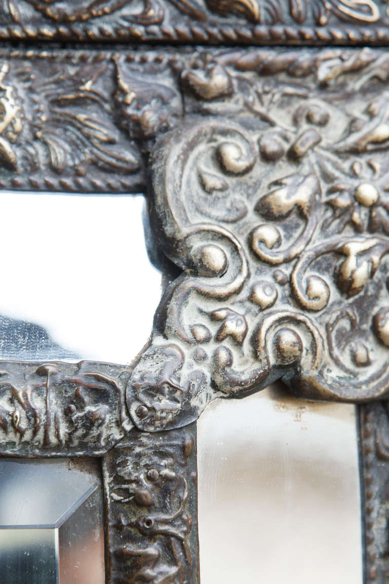 Napoeon III Period Bronze Repoussé Cushion Mirror with Original Glass 1