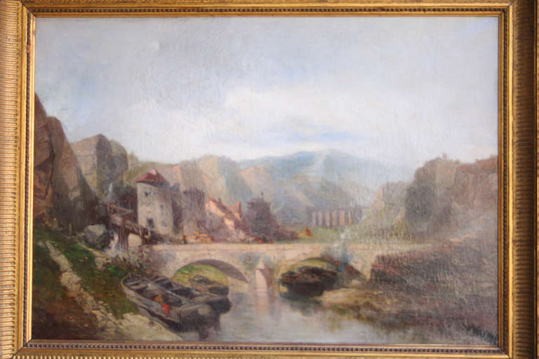 This 19th century oil on linen is in its original giltwood frame. The landscape scene depicts a sleepy Italian villa above a bridge and stream with boats. Signed L. Vincent. Dimensions: 18 inches H X 25 inches W unframed.