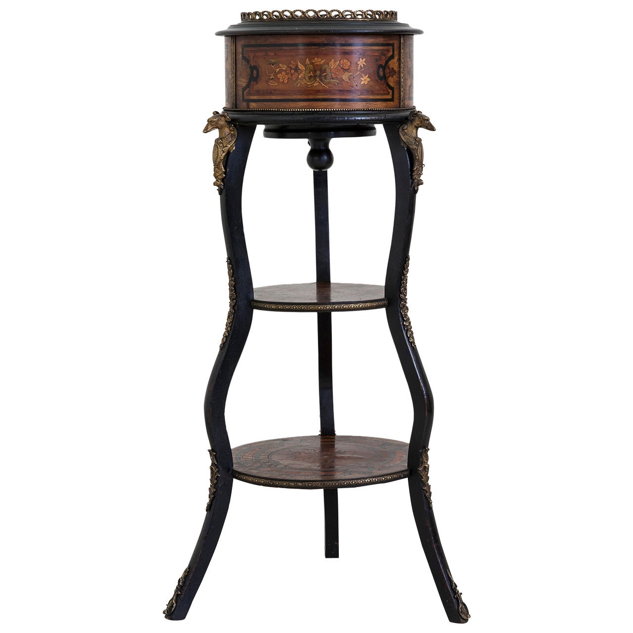 Napoleon III Marquetry and Ebonized Plant Stand with Bronze Greyhounds