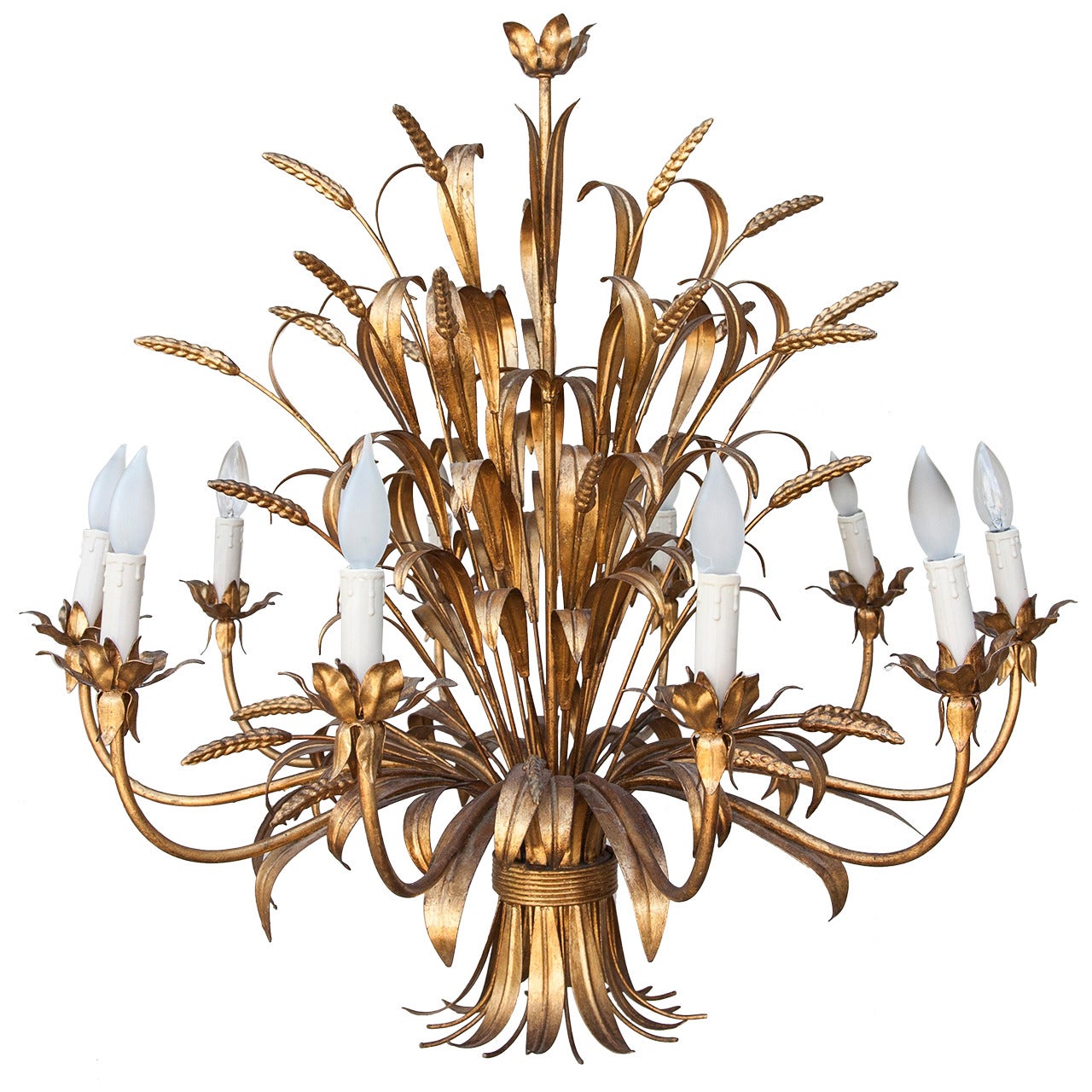 Grand Ten-Arm Mid-Century French Gilt Tole Sheaves of Wheat Chandelier
