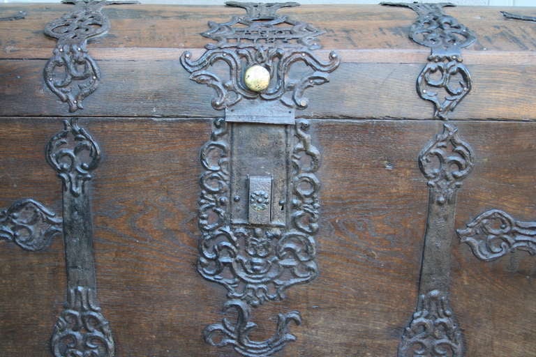18th Century and Earlier Oak and Iron Coffer or Trunk Dated 1785