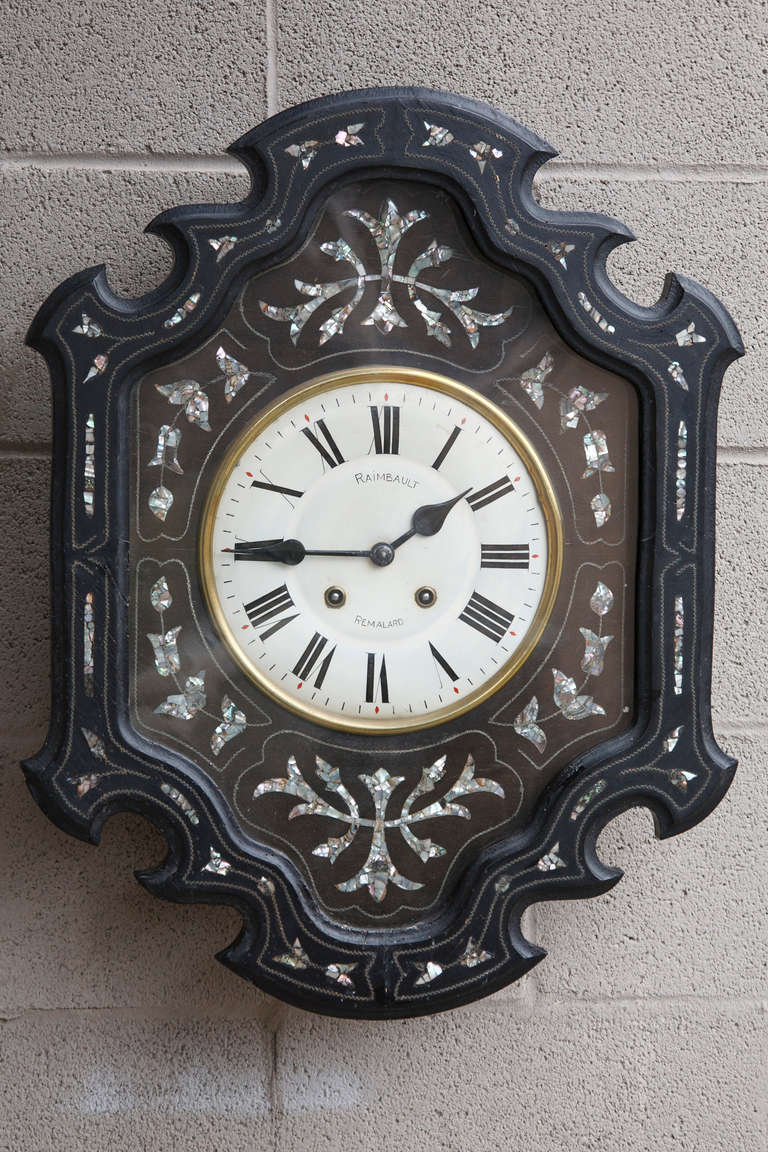 Napoleon III Period Black Lacquer and Mother of Pearl Wall Clock 4