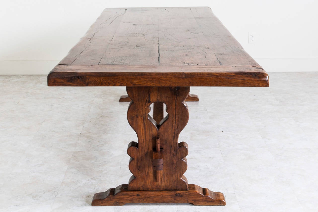 Antique French Solid Oak Trestle Dining Table from Normandy, circa 1900 1