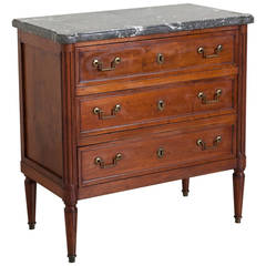 Antique Louis XVI Style Cherry Wood, Marble-Top Commode with Bronze Detail