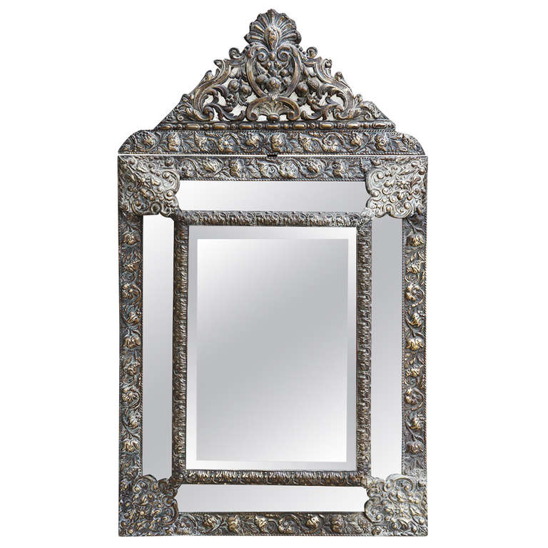 Napoeon III Period Bronze Repoussé Cushion Mirror with Original Glass