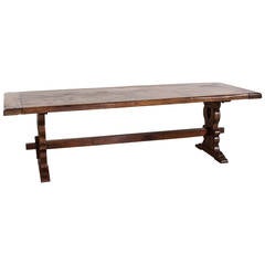 Antique French Solid Oak Trestle Dining Table from Normandy, circa 1900