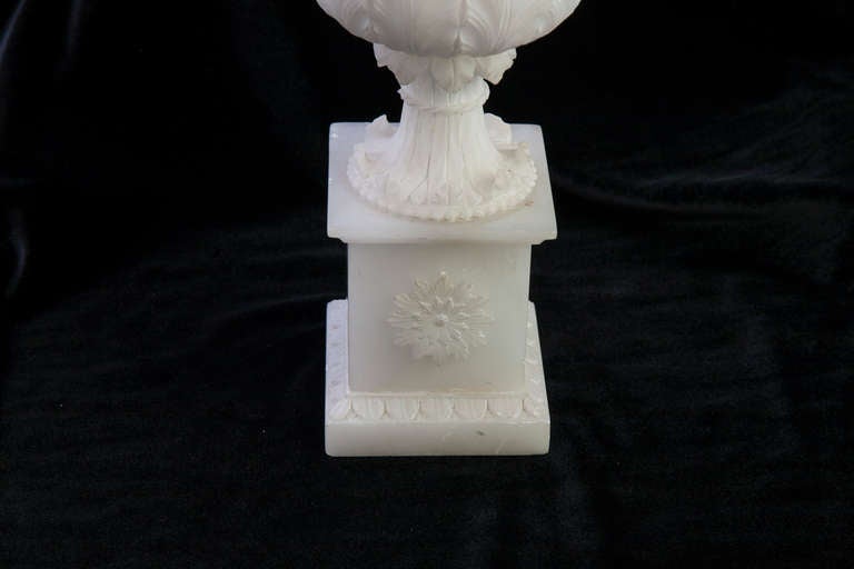 Pair of nineteenth century Carrera marble urns on pedestal base adorned with acanthus leaves.