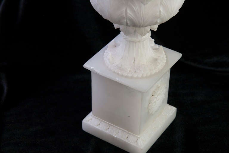 French Pair of 19th Century Carrera Marble Urns in Acanthus Motif