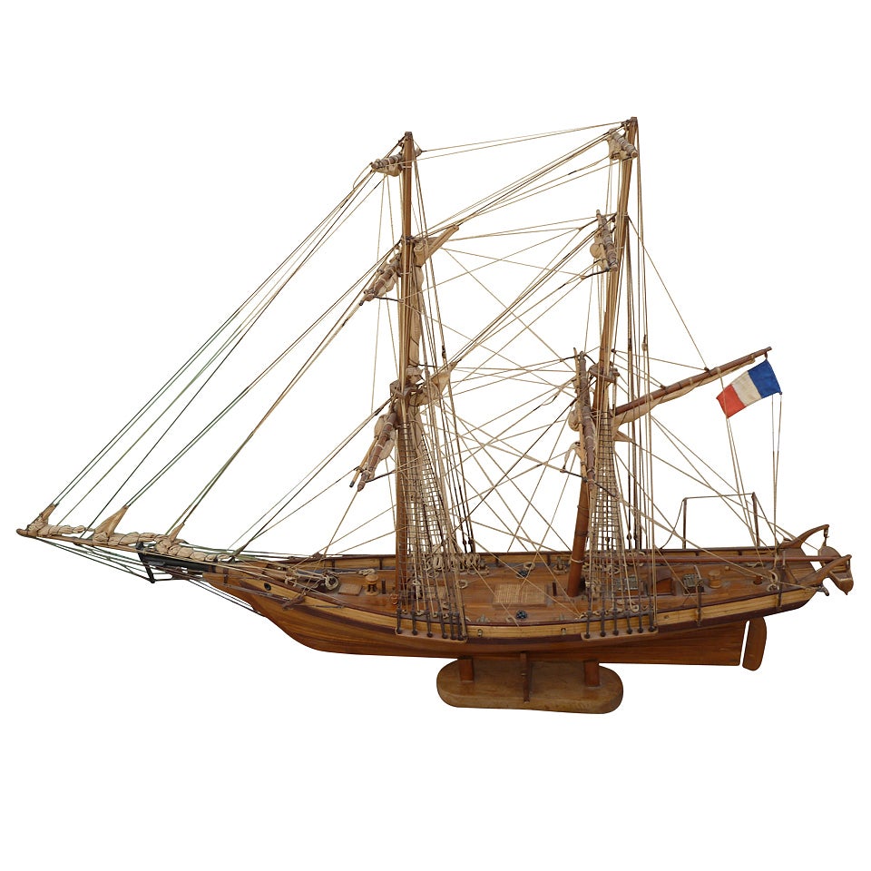 Wooden Model Ship with French Flag