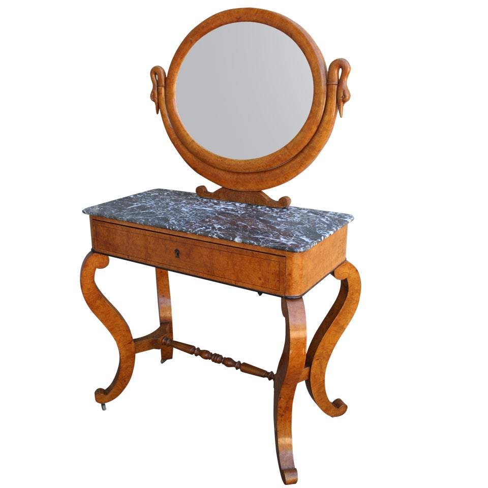 Rare Charles X Era Burled Elm Marble-Top Vanity Table with Swan Motif