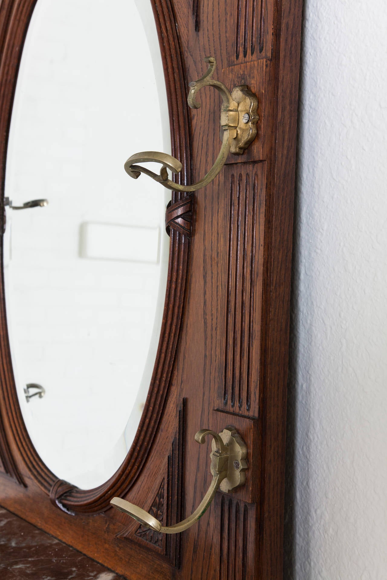 19th Century French Henry II Style Hall Tree with Bronze Hooks and Mirror In Excellent Condition In Fayetteville, AR