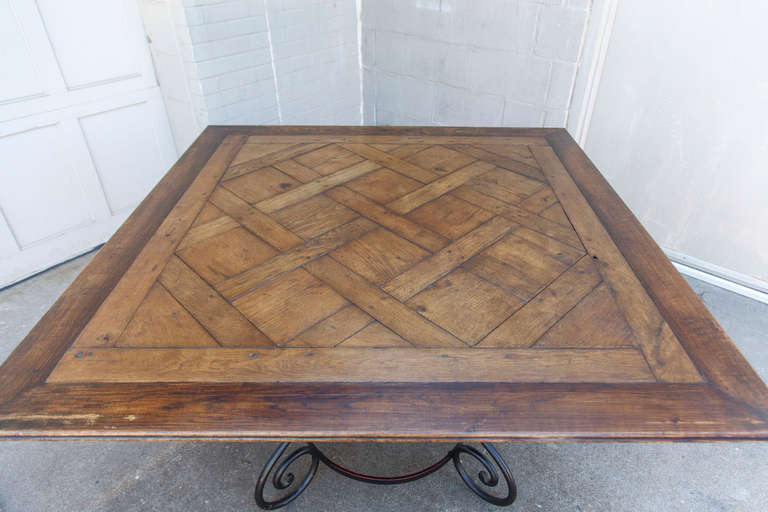 Square Parquetry Table With Iron Pedestal Base
