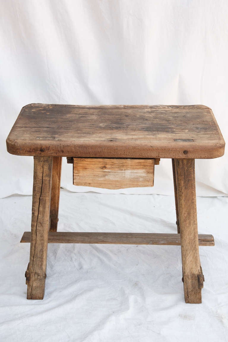 French Rustic Hand Hewn Dairy Bench With Single Drawer