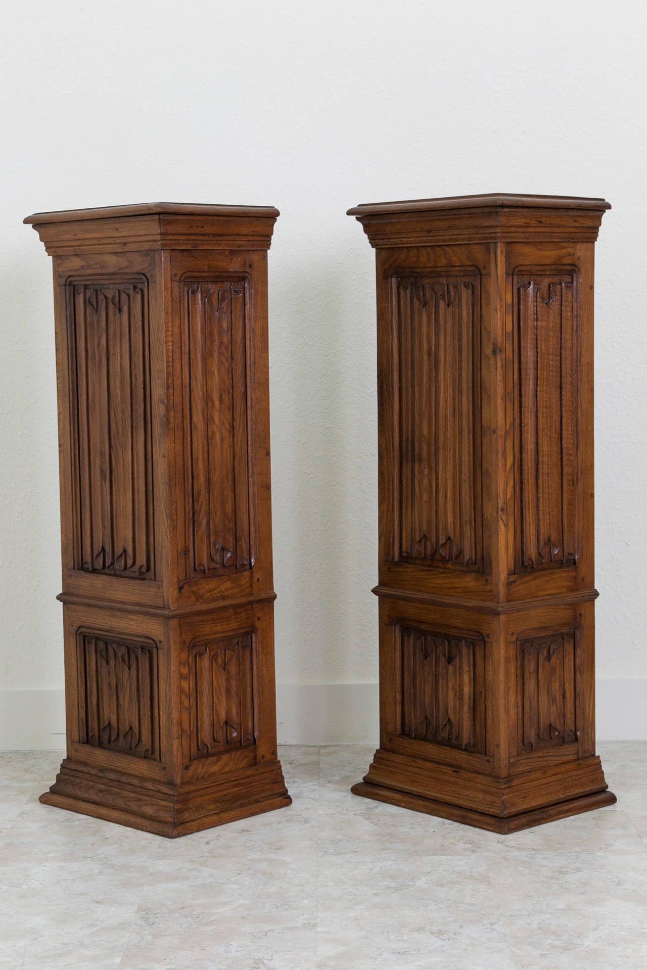 19th Century French Pair of Hand-Carved Linen Fold Columns or Pedestals 3