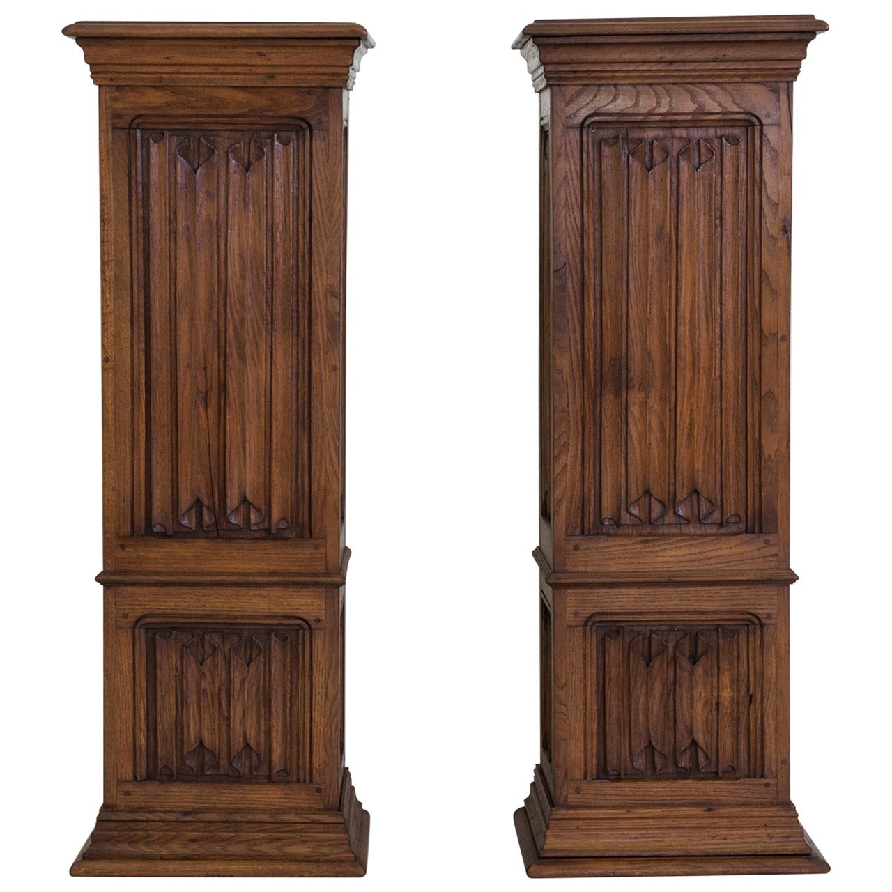 19th Century French Pair of Hand-Carved Linen Fold Columns or Pedestals