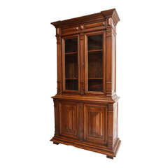 Antique Nineteenth Century Walnut Buffet Deux Corps With Hand Blown Glass Doors