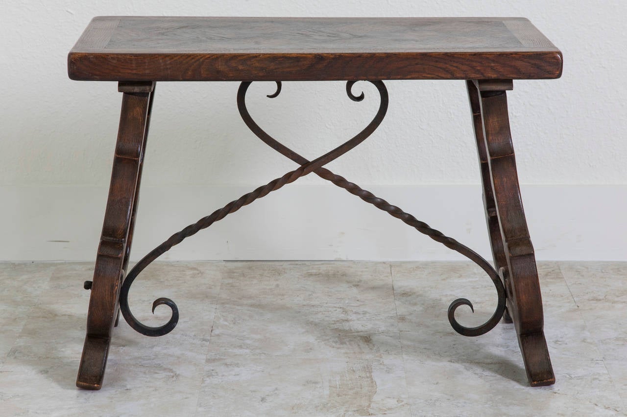 Solid Oak Spanish Style Bench or Coffee Table with Iron Stretchers In Excellent Condition In Fayetteville, AR