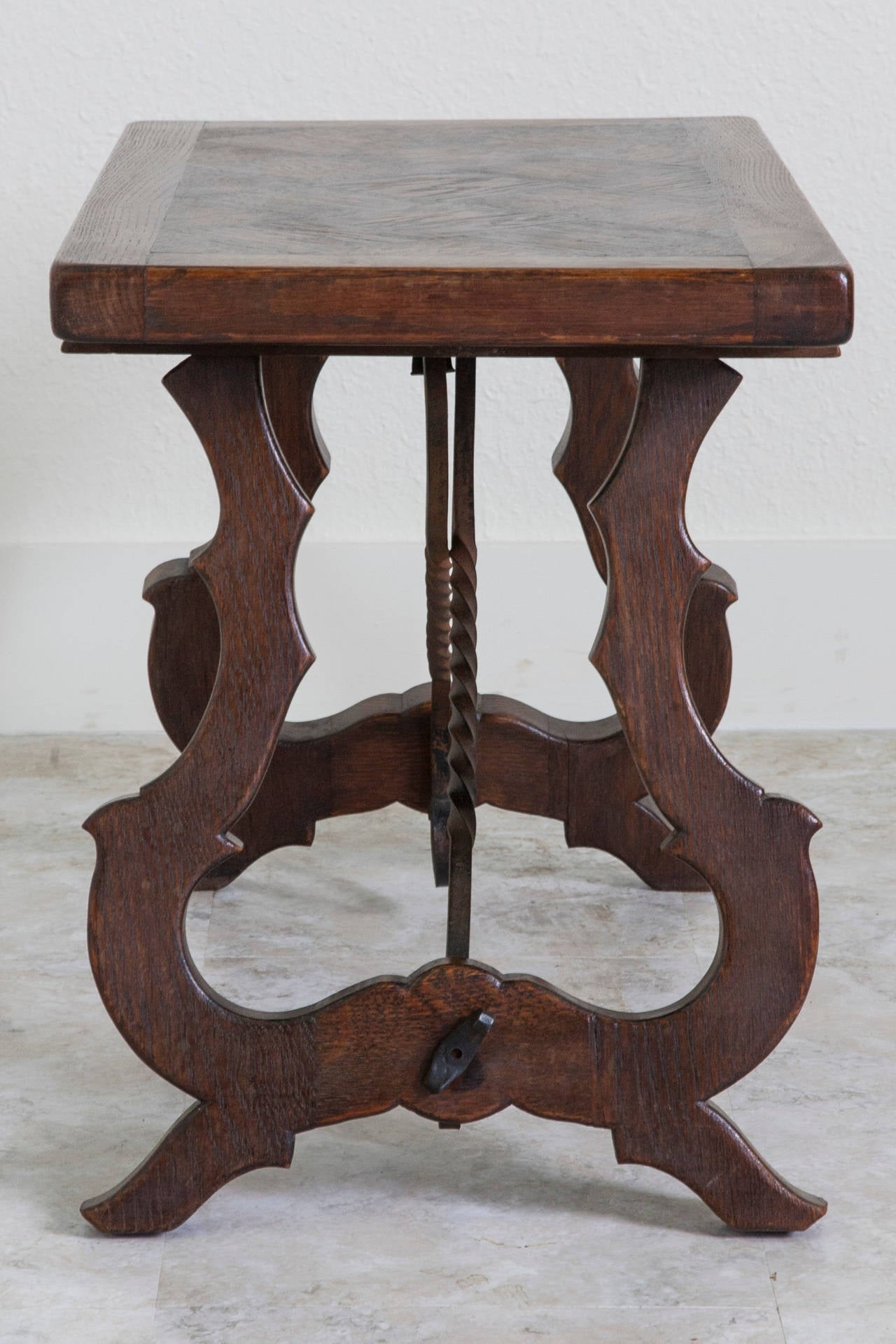 French Solid Oak Spanish Style Bench or Coffee Table with Iron Stretchers