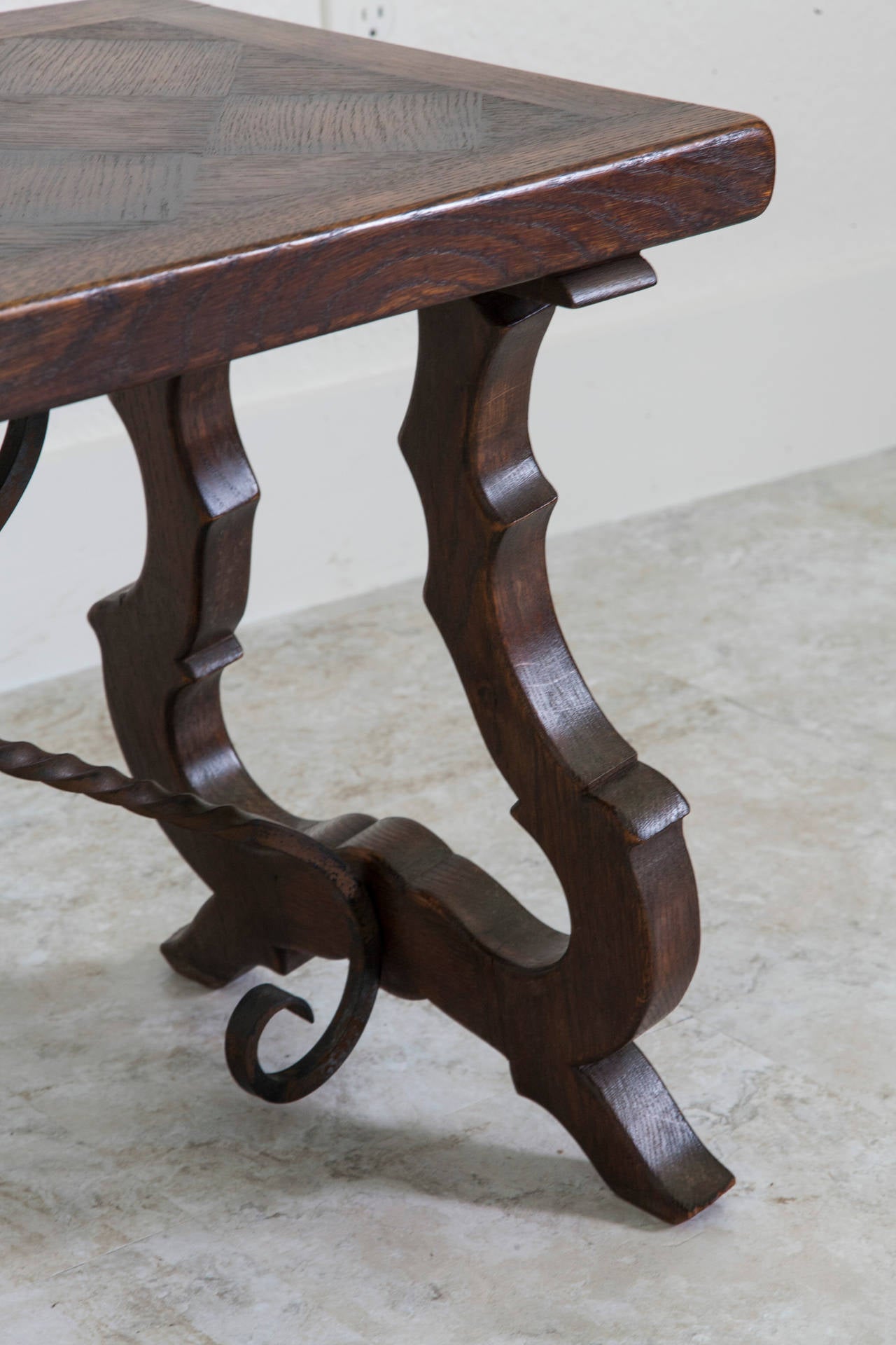 Solid Oak Spanish Style Bench or Coffee Table with Iron Stretchers 2