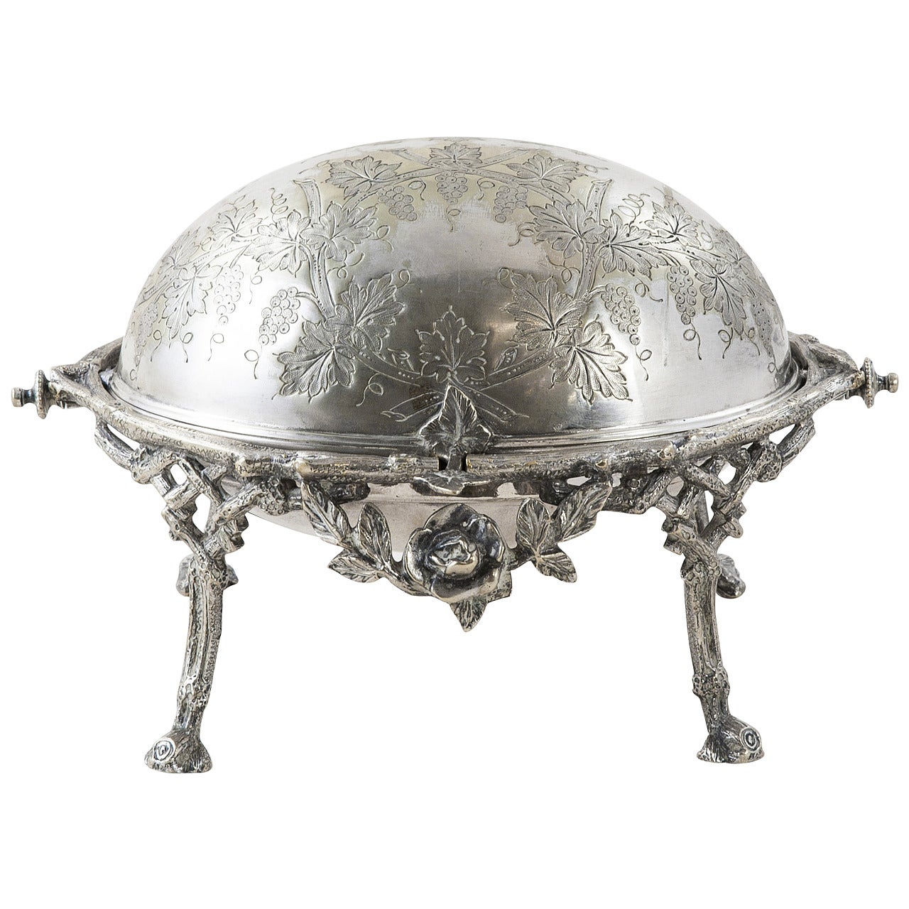 Fine French Engraved Sterling Silver Caviar Dish with Swivel Lid