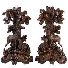 Antique Large Pair of Hand-Carved Black Forest Candlesticks or Vases with Stags