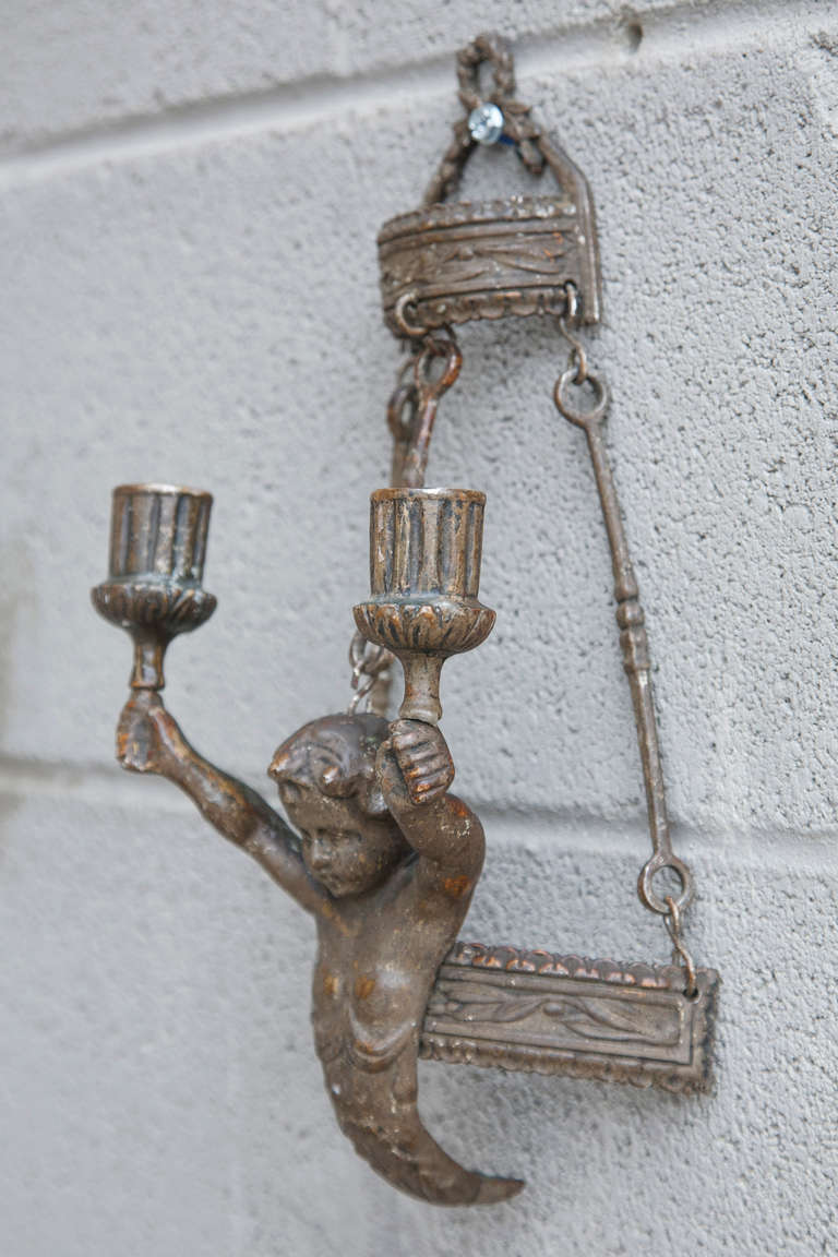 Pair of 19th Century Bronze Candle Sconces with Putti In Excellent Condition In Fayetteville, AR