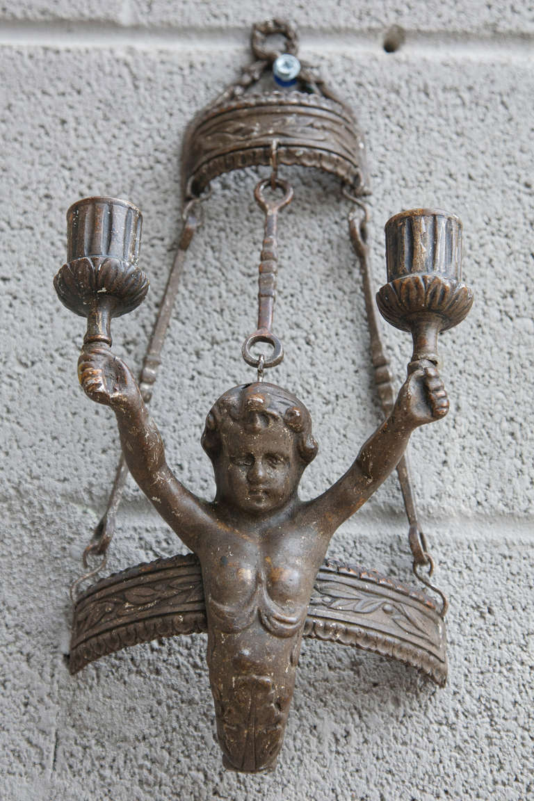 Pair of 19th Century Bronze Candle Sconces with Putti 2