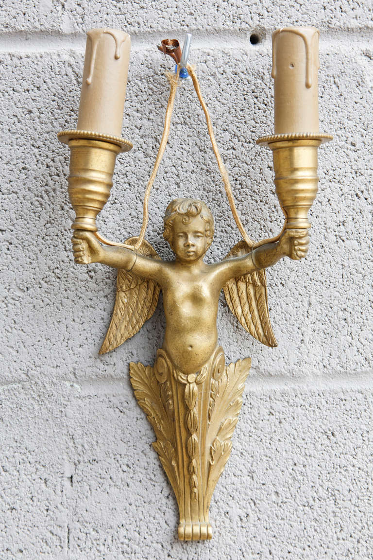 This classical pair of late 19th century gilt bronze sconces feature winged cherubs. Originally from a home in Versailles, they will bring a romantic charm to any space.