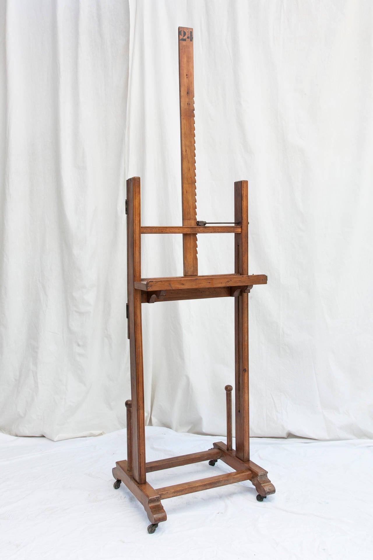 19th Century Walnut Artist's Easel with Adjustable Tray and Canvas Storage