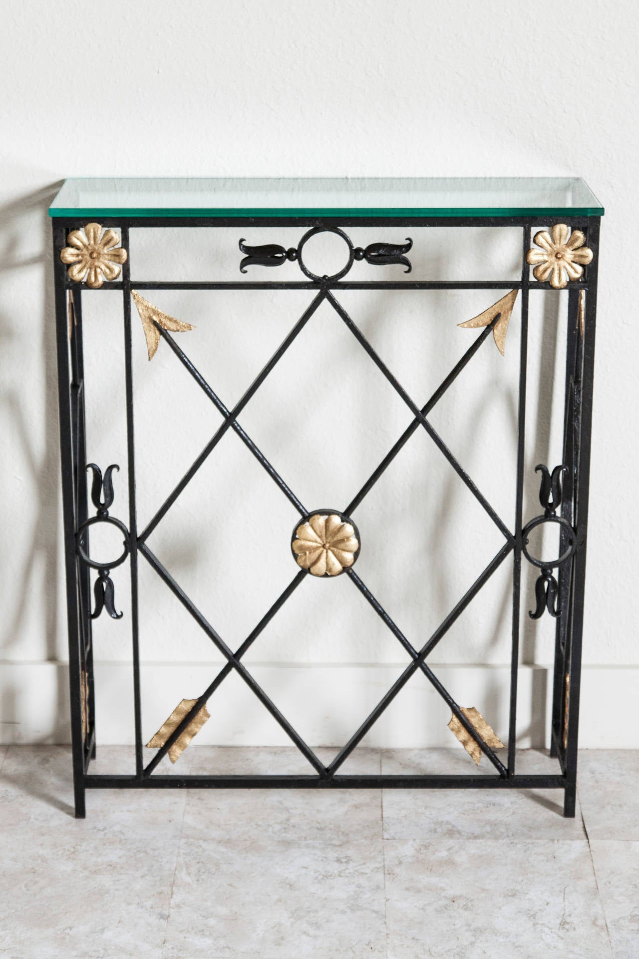 20th Century French Directoire Hand-Forged Iron Console with Arrows and Gilt Detail