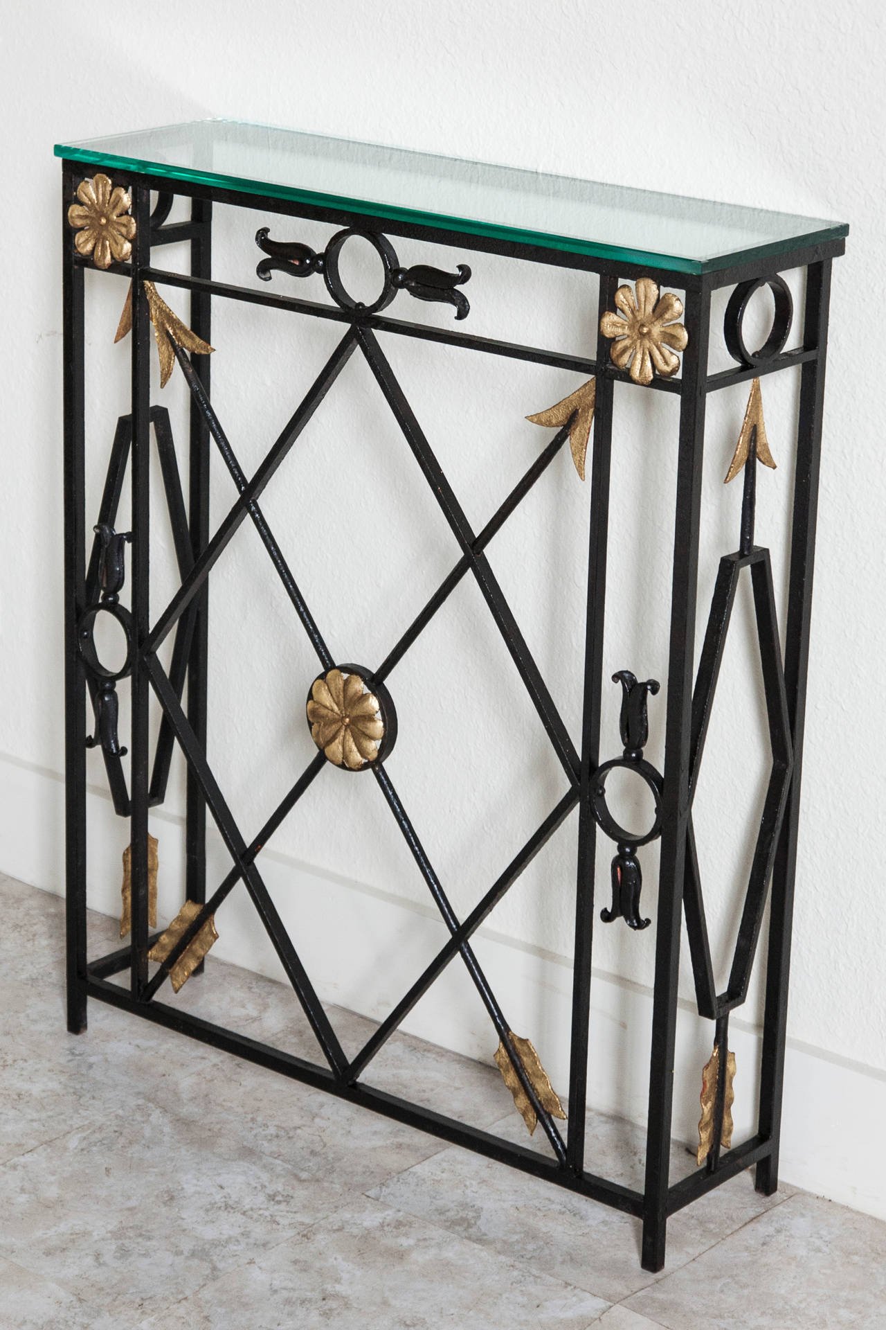 French Directoire Hand-Forged Iron Console with Arrows and Gilt Detail 1