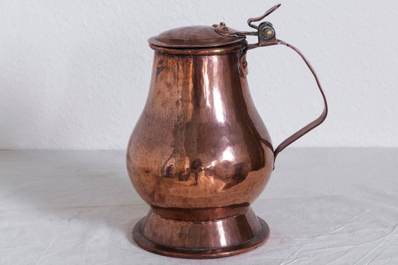 18th Century and Earlier Large 18th Century French Copper Tankard with Riveted Handle and Lid