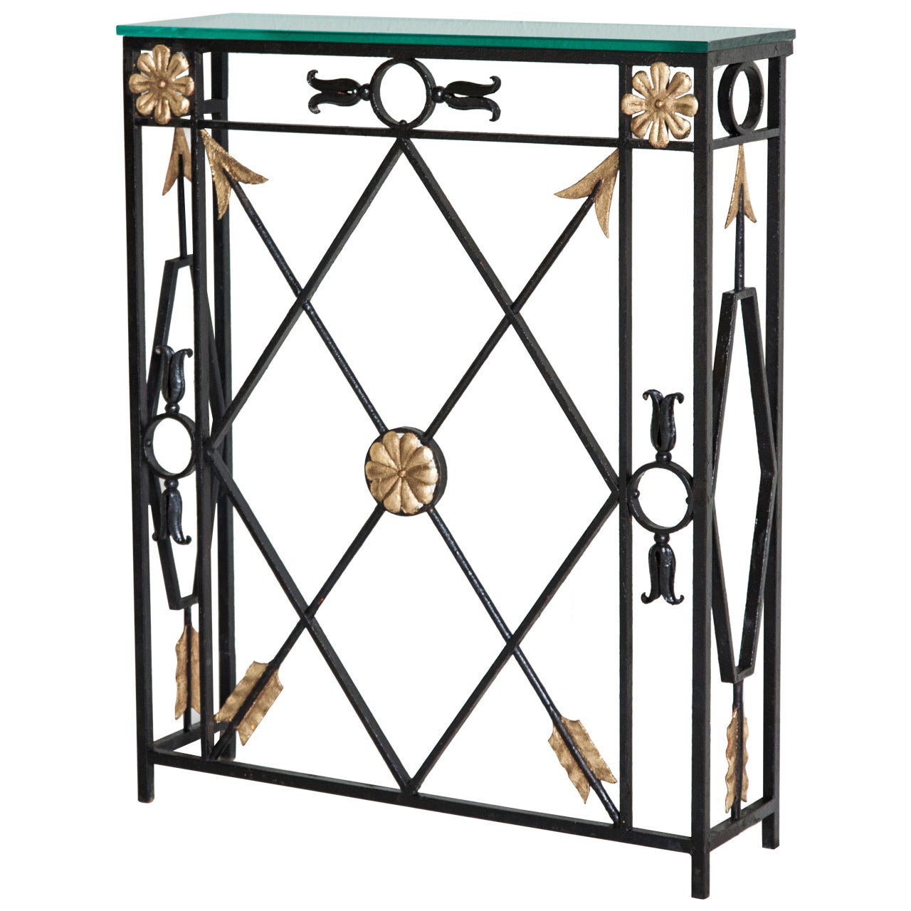 French Directoire Hand-Forged Iron Console with Arrows and Gilt Detail