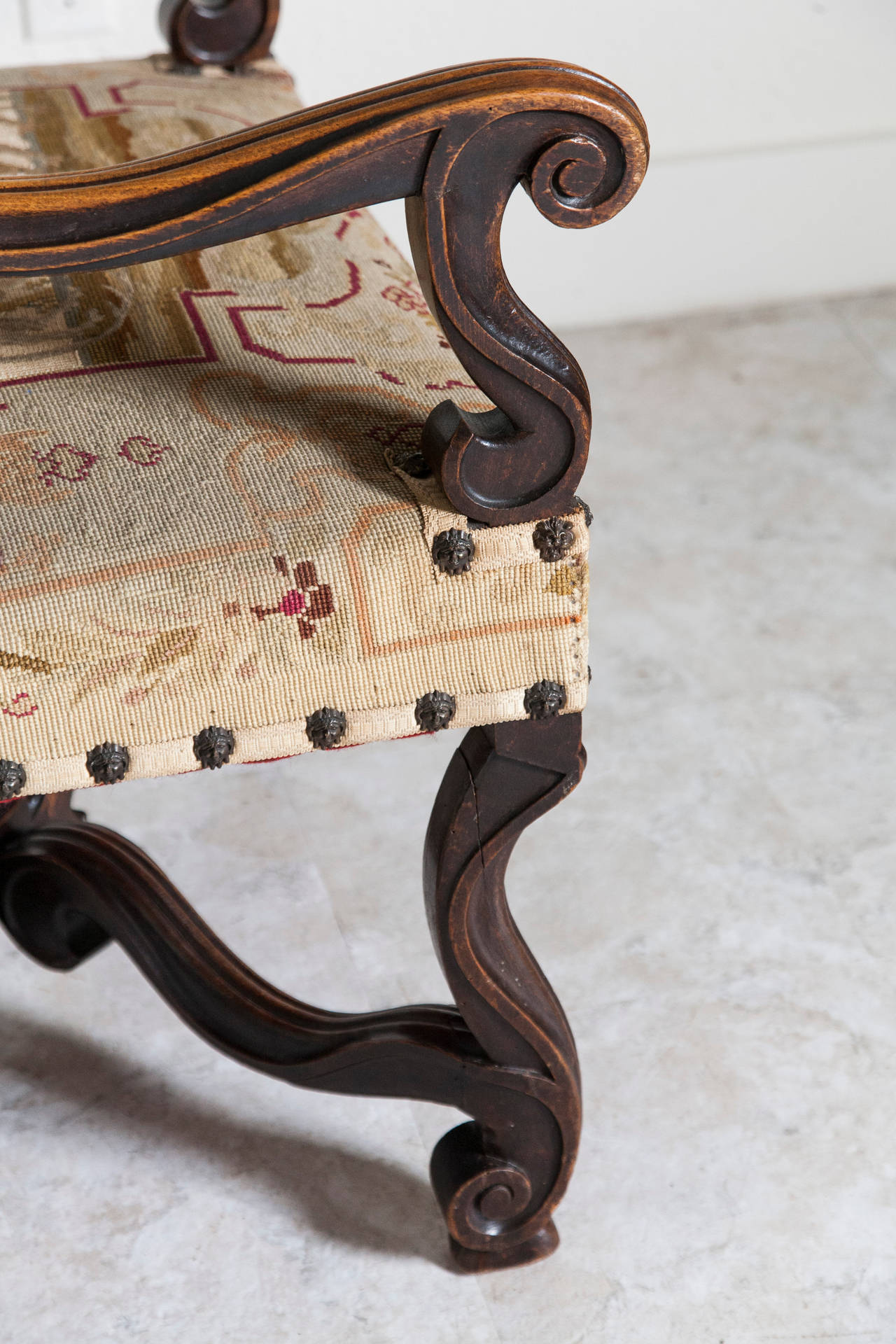 Bronze 19th Century French Louis XIV Style Walnut Armchair with Original Needlepoint