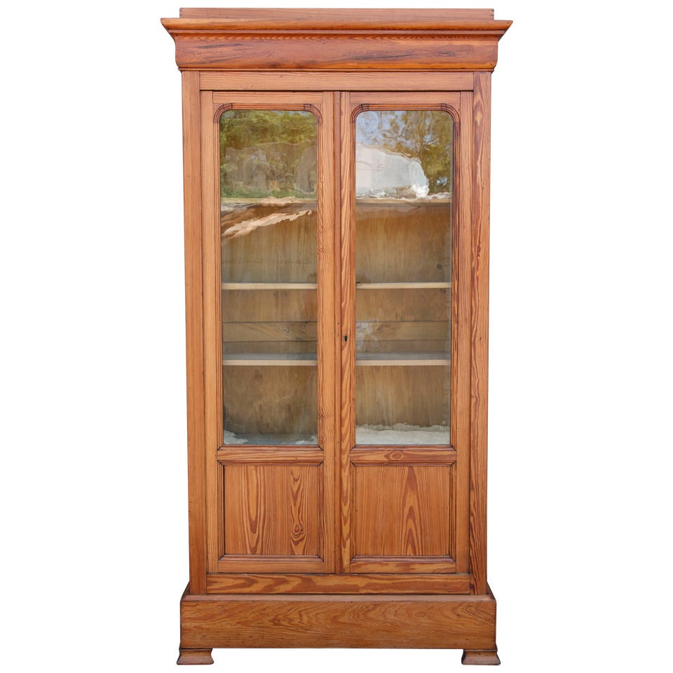 19th Century Louis Philippe Pine Bookcase with Antique Glass Doors