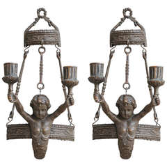 Pair of 19th Century Bronze Candle Sconces with Putti